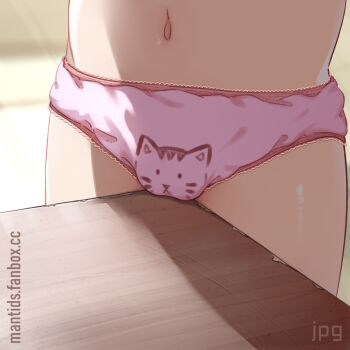 1girl cameltoe crotch_rub do_you_want_to_pet_my_cat_(meme) female_focus highres loli lower_body masturbation meme navel original panties pink_panties solo standing stomach table table_humping thighs twintails_(mantids) underwear