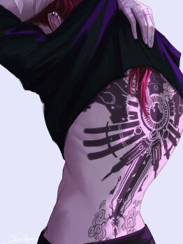 1girl abs absurdres arcane:_league_of_legends arcane_vi back back_focus back_tattoo bandaged_arm bandaged_hand bandages bare_back blue_background earclip from_behind heibai_bangbing highres league_of_legends long_hair obliques pink_hair simple_background solo tattoo toned toned_female undressing upper_body vi_(league_of_legends)