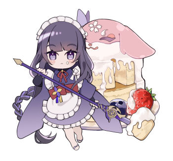 Rule 34 | 1girl, :<, alternate costume, apron, arm at side, asymmetrical sidelocks, black bridal gauntlets, blueberry, blunt bangs, braid, bridal gauntlets, cake, cake slice, closed mouth, commentary request, engulfing lightning (genshin impact), enmaided, expressionless, eyelashes, food, fruit, full body, furisode, genshin impact, grey hair, hand up, highres, holding, holding polearm, holding weapon, iwoarazumi129, japanese clothes, kimono, long hair, long sleeves, low-braided long hair, low-tied long hair, maid, mitsudomoe (shape), multicolored hair, naginata, obi, polearm, purple eyes, purple hair, purple kimono, purple sleeves, raiden shogun, raised eyebrows, red sash, sandals, sash, sidelocks, solo, strawberry, strawberry shortcake, streaked hair, swept bangs, tassel, tomoe (symbol), wa maid, waist apron, weapon, white apron, white background, yae miko, yae miko (fox)