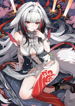 1girl absurdres arm_support artist_name bare_shoulders blush body_markings breasts chinese_clothes cleavage closed_mouth commentary_request dated finger_to_mouth gradient_hair hair_flaps highres kkkula_(kula) leotard long_hair looking_at_viewer medium_breasts multicolored_hair official_alternate_hair_color paid_reward_available pelvic_curtain red_eyes sitting smile solo streaked_hair thighs very_long_hair white_hair white_leotard ye_shunguang yokozuwari zenless_zone_zero