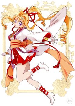 Rule 34 | 1girl, absurdres, back bow, blonde hair, boots, bow, commentary request, earrings, full body, gloves, hair bow, hair intakes, hair ribbon, high ponytail, highres, jewelry, kaitou jeanne, kamikaze kaitou jeanne, knee boots, kusakabe maron, long hair, looking at viewer, magical girl, official style, orange bow, ponytail, purple eyes, red bow, red ribbon, red skirt, revision, ribbon, sidelocks, skirt, solo, tanemura arina (style), white boots, white gloves, yoshika (draw-happy-picture)