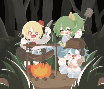 3girls animated animated_gif ascot black_skirt black_vest blonde_hair blue_skirt blue_vest bow brown_headwear campfire cirno cirno_(cookie) closed_eyes collared_shirt commentary_request cookie_(touhou) cooking daiyousei diyusi_(cookie) fire forest fork full_body green_hair hair_between_eyes hair_bow hair_ribbon hat headset highres holding holding_fork holding_knife knife long_bangs long_sleeves looping_animation meat_tenderizer multiple_girls nadeko_(cookie) nature open_mouth red_ascot red_eyes red_ribbon ribbon rotisserie rumia saneru shirt short_hair side_ponytail skirt skirt_set smile squatting standing sukusuku_hakutaku touhou vest white_eyes white_shirt yellow_ascot yellow_bow