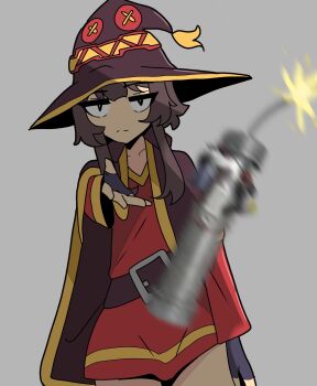 1girl belt black_cape blurry blurry_foreground bomb bread_forbidden brown_hair button_eyes buttons cape commentary dress woe_plague_be_upon_ye_(meme) explosive fingerless_gloves gloves grey_background hat highres jitome kono_subarashii_sekai_ni_shukufuku_wo! light_frown long_sleeves looking_at_viewer megumin meme motion_blur outstretched_arm pipe_bomb red_dress short_hair short_hair_with_long_locks simple_background solo throwing witch_hat
