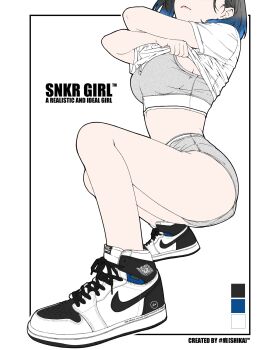 Rule 34 | 1girl, artist name, bambi surprise, black hair, black shoes, blue hair, blue shorts, breasts, commentary, english commentary, english text, eyes out of frame, gradient hair, grey sports bra, grey sports panties, head out of frame, highres, medium breasts, multicolored hair, nike (company), original, shirt, shoes, short sleeves, shorts, sneakers, solo, sports bra, squatting, two-tone hair, undressing, white shirt, white shoes