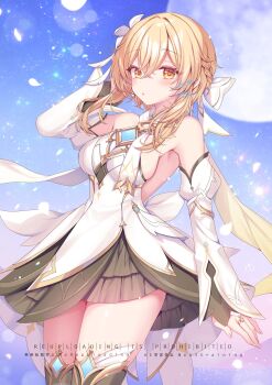 1girl armpit_crease bare_shoulders black_thighhighs blonde_hair blush breasts commentary_request detached_sleeves dress fingernails genshin_impact hair_between_eyes hand_in_own_hair hand_up highres kashiba_aira long_sleeves looking_at_viewer lumine_(as_heaven_and_earth_are_made_anew)_(genshin_impact) lumine_(genshin_impact) medium_breasts official_alternate_costume short_hair_with_long_locks sideboob signature sleeveless sleeveless_dress solo thighhighs twitter_username watermark white_dress white_sleeves yellow_eyes zettai_ryouiki