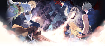 2boys 2girls architecture arm_wrap armlet artist_request bare_arms bare_shoulders belt black_pants black_shirt black_sleeves blonde_hair blue_hair blue_scales blue_shirt blue_sleeves boris_jinneman braid breasts breath_weapon breathing_fire brown_belt brown_cape brown_capelet building cape cape_lift capelet cave collared_shirt crossed_belts dragon dress dutch_angle fantasy fire from_behind gold_armlet grey_hair high_collar highres holding holding_sword holding_weapon indoors isaac_ducastel isolestie_(children_of_the_rune) jewelry layered_dress layered_sleeves legs_apart lion lion_mane long_hair long_skirt long_sleeves low-braided_long_hair low-tied_long_hair medium_breasts monster multiple_boys multiple_girls muscular muscular_male nexon no_pupils official_art pants pelvic_curtain red_eyes red_wings running second-party_source shirt short_over_long_sleeves short_sleeves single_hair_streak skirt sleeveless sleeveless_shirt standing straight_hair sword tales_weaver three-quarter_sleeves tichiel_juspian torn_wings turtleneck turtleneck_capelet twin_braids weapon western_dragon white_fur white_hair white_shirt white_skirt white_sleeves wide_sleeves wings wristband yellow_eyes