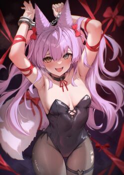 1girl absurdres armpits arms_behind_head arms_up bare_shoulders black_choker black_leotard blue_eyes bow breasts brown_pantyhose choker commentary_request cone_hair_bun covered_navel cowboy_shot cuffs fang fox_tail hair_bow hair_bun hair_rings handcuffs heart heart_o-ring heterochromia highres korean_commentary leotard long_hair looking_at_viewer medium_breasts nontraditional_playboy_bunny o-ring open_mouth pantyhose purple_hair red_ribbon ribbon shiriaru_(jjonaeng) side-tie_leotard smile solo stellive strapless strapless_leotard tail tenko_shibuki thigh_gap thigh_strap torn_clothes torn_pantyhose very_long_hair virtual_youtuber yellow_eyes