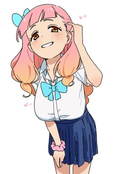 aikatsu!_(series) aikatsu_friends! bad_id bad_twitter_id blonde_hair blue_bow blue_skirt bow bowtie breasts collared_shirt gradient_hair grin hair_bow highres large_breasts leaning_forward long_hair looking_at_viewer loose_bowtie multicolored_hair orange_eyes osame pink_hair pink_scrunchie pleated_skirt scrunchie shirt short_sleeves simple_background skirt smile tucking_hair white_background white_shirt wrist_scrunchie yuki_aine