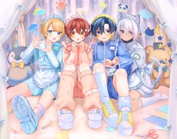 4boys :/ :d :o absurdres apron averting_eyes bandaid bandaid_on_finger bandaid_on_hand bandaid_on_leg bird black_hair blue_boots blue_bow blue_bowtie blue_eyes blue_shirt blue_shoes blue_shorts blue_sleeves blunt_bangs blush boots bow bowtie candy cat cat_tail changpao chinese_clothes clenched_hands cloud_tattoo commentary_request crayon crescent crossdressing crossdressing_(mtf) curtains d: deadpan detached_sleeves earrings expressionless facial_hair fang fishnet_thighhighs fishnets food footwear_bow four-finger_heart_hands frilled_apron frills grey_eyes hair_between_eyes hair_ornament hairclip hat heart heart_hands highres jacket jersey_maid jewelry kneehighs knees_up leg_warmers lightning_bolt_symbol long_sleeves looking_at_viewer looking_to_the_side loose_socks maid maid_apron maid_headdress male_focus male_maid mary_janes mask mole mole_under_eye mouth_mask multiple_boys mustache name_tag nervous no_shoes open_mouth orange_hair original panda paper parted_bangs penguin pink_bow pink_jacket pink_track_suit platform_shoes red_hair school_uniform scissors shirt shoes short_hair shorts shy single_fishnet_legwear sitting sleeves_past_wrists smile sneakers socks star_(symbol) stuffed_animal stuffed_toy sun sun_symbol sun_tattoo sweatdrop tail tan tattoo teardrop_tattoo teddy_bear teeth thighhighs top_hat track_suit trap turtleneck turtleneck_jacket umbrella unconventional_maid upper_teeth_only v-shaped_eyebrows very_short_hair waist_apron wariza white_apron white_hair white_shoes white_socks wide_sleeves wrapped_candy x_hair_ornament yellow_bow yellow_bowtie yellow_shoes yuxi zipper_pull_tab