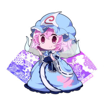 Rule 34 | blue headwear, blue kimono, blush, bug, butterfly, chibi, commentary request, floral print, frills, full body, goshoguruma, hand up, hat, hitodama, bug, japanese clothes, kayama benio, kimono, light blush, long sleeves, mob cap, pink eyes, pink hair, saigyouji yuyuko, saigyouji yuyuko's fan design, short hair, smile, standing, touhou, triangular headpiece, white background, wide sleeves