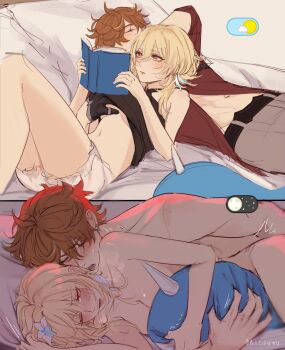 1boy 1girl aitsuwu belt black_belt black_gloves black_tank_top blonde_hair blush book brown_hair frilled_shorts frills genshin_impact gloves grey_pants highres lumine_(genshin_impact) multiple_scars nude open_clothes open_shirt pants pillow red_shirt scar shirt shorts silver_trim stuffed_toy tank_top tartaglia_(genshin_impact) watermark white_shorts yellow_eyes