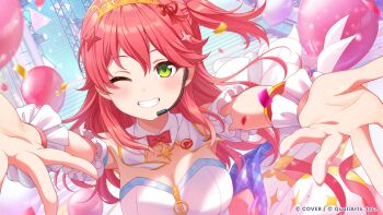 Rule 34 | 1girl, ;d, absurdres, balloon, breasts, commentary request, concert, confetti, copyright name, detached collar, detached sleeves, double-parted bangs, dress, frilled sleeves, frills, gold tiara, green eyes, grin, hair between eyes, hair ornament, headset, highres, hololive, hololive dreams, large breasts, long hair, looking at viewer, official alternate costume, official art, one eye closed, one side up, open mouth, outstretched arms, pink hair, puffy detached sleeves, puffy short sleeves, puffy sleeves, reaching, reaching towards viewer, sakura miko, short sleeves, sidelocks, sleeveless, sleeveless dress, smile, solo, star (symbol), star hair ornament, virtual youtuber, white dress