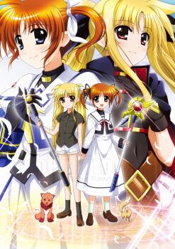 2girls absurdres arf axe bardiche_(device_form)_(nanoha) bardiche_(nanoha) belt black_cape black_gloves black_leotard black_ribbon black_shirt black_socks blonde_hair blue_eyes brown_shoes cape closed_mouth collared_shirt commentary crossed_belts dress fate_testarossa fate_testarossa_(original_form) ferret full_body gloves hair_ribbon hand_on_own_chest higa_yukari highres holding holding_axe holding_hands holding_staff leotard long_hair long_sleeves looking_at_viewer lyrical_nanoha mage_staff magic_circle mahou_shoujo_lyrical_nanoha medium_hair multiple_girls multiple_views open_mouth raising_heart raising_heart_(device_mode) red_cape red_eyes ribbon sailor_collar school_uniform shirt shoes short_sleeves shorts socks staff standing standing_on_magic_circle symbol-only_commentary takamachi_nanoha takamachi_nanoha_(original_mode) twintails two-sided_cape two-sided_fabric very_long_hair watermark white_dress white_ribbon white_sailor_collar white_shorts white_socks winter_uniform wolf yuri yuuno_scrya