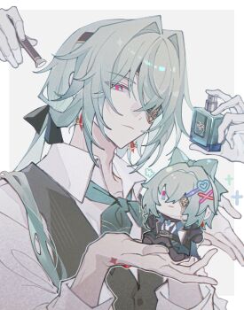 1boy anaxa_(honkai:_star_rail) anaxa_(ingenuity)_(honkai:_star_rail) apron aqua_hair black_bow blue_eyes bottle bow bowtie brown_apron character_doll chinese_commentary closed_mouth collared_shirt commentary_request doll earrings eyepatch green_bow green_bowtie hair_between_eyes hair_bow hair_intakes hair_over_one_eye hair_over_shoulder hands_up headband highres holding holding_stuffed_toy honkai:_star_rail honkai_(series) jacket jewelry long_hair long_sleeves looking_at_viewer makeup_brush male_focus no_headwear official_alternate_costume one_eye_covered perfume_bottle shirt solo stuffed_animal stuffed_toy upper_body white_shirt yue_(shemika98425261)