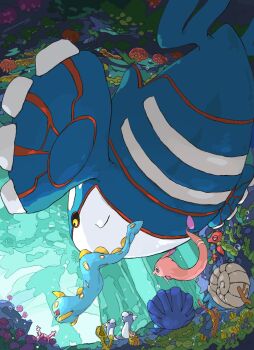 animal_focus aomon_(yuuji7604) black_sclera blue_skin body_markings bubble clam clamperl colored_sclera colored_skin commentary_request corsola dratini fins gen_1_pokemon gen_2_pokemon gen_3_pokemon gorebyss highres huntail kyogre legendary_pokemon nintendo no_humans octillery omastar orca pink_skin pokemon pokemon_(creature) shell tail underwater yellow_eyes