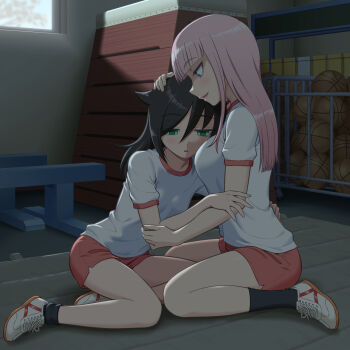 2girls absurdres bags_under_eyes ball basketball_(object) black_hair black_socks blue_eyes blunt_bangs breasts commentary_request green_eyes gym_shirt gym_shorts gym_storeroom gym_uniform hand_on_another&#039;s_head hand_on_another&#039;s_waist highres hug ichikawa_masahiro indoors katou_asuka kuroki_tomoko large_breasts long_hair looking_at_another looking_down mat multiple_girls parted_lips pink_hair red_shorts shirt shoes short_sleeves shorts sitting smile sneakers socks vaulting_horse wariza watashi_ga_motenai_no_wa_dou_kangaetemo_omaera_ga_warui! white_shirt white_shoes window yuri