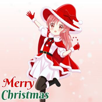 1girl :d abstract_background arm_up black_boots black_bow blurry blurry_background bokeh boots bow bright_pupils brown_leggings candy candy_cane cape child choppy_bangs christmas commentary depth_of_field dot_nose dress english_commentary english_text feet_out_of_frame food fur-trimmed_boots fur-trimmed_cape fur-trimmed_gloves fur-trimmed_headwear fur_buttons fur_trim gloves gochuumon_wa_usagi_desu_ka? gyozomgarg hat hat_bow highres holding holding_candy holding_candy_cane holding_food leg_up leggings light_blush long_hair looking_at_viewer merry_christmas natsu_megumi open_clothes open_mouth open_shirt puffy_short_sleeves puffy_sleeves red_bow red_cape red_dress red_eyes red_gloves red_hair red_pupils red_theme santa_hat shirt short_sleeves skirt smile solo standing standing_on_one_leg white_shirt white_skirt