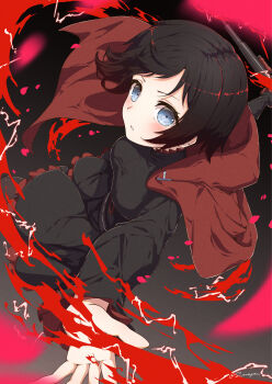 1girl absurdres blush breasts brown_hair cape cloak crescent_rose gradient_background grey_eyes highres looking_at_viewer medium_breasts parted_lips petals red_cape ruby_rose rwby s-masa_7131 short_hair solo twitter_username