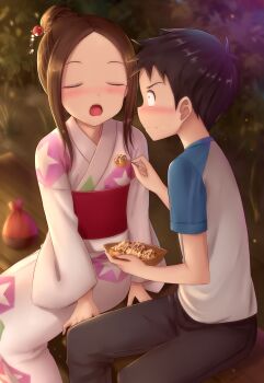 Rule 34 | 1boy, 1girl, absurdres, black hair, blouse, blush, brown hair, closed eyes, embarrassed, food, hair bun, highres, japanese clothes, karakai jouzu no takagi-san, kimono, long hair, nervous, nishikata, open mouth, shirt, single hair bun, skywalker0610, source request, tagme, takagi-san, takoyaki, white shirt, yukata