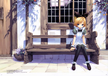 1girl absurdres alice's_adventures_in_wonderland alternate_costume ankle_garter bench blonde_hair blue_eyes bow enmaided female_focus hair_bow highres kagamine_rin maid short_hair sitting solo thighhighs ueda_ryou vocaloid window wrist_cuffs