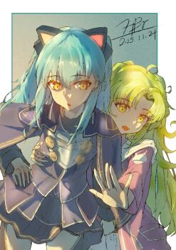 2girls ahoge animal_ear_hairband animal_ears ao_no_kiseki armor black_skirt blue_hair border breastplate capelet cat_ear_hairband cat_ears commentary_request curtained_hair dated eiyuu_densetsu fake_animal_ears gradient_background green_background green_eyes green_hair hair_between_eyes hairband hand_on_own_hip jacket kea_(eiyuu_densetsu) long_hair multiple_girls parted_bangs renkxia signature simple_background skirt tio_plato twintails upper_body white_border yellow_eyes zero_no_kiseki