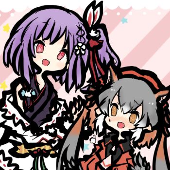 Rule 34 | 2girls, animal ears, bare shoulders, brown eyes, extra ears, flower, fox ears, fox girl, gloves, grey hair, hair flower, hair ornament, hat, island fox (kemono friends), jacket, japanese clothes, kemono friends, kemono friends v project, kimono, multiple girls, necktie, pink background, prismplus, purple hair, red eyes, ribbon, shirt, simple background, tanuki kamen, tenjin kotone, twintails, virtual youtuber