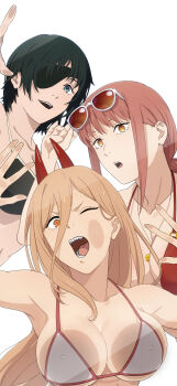 3girls :d :o absurdres against_glass bikini black_bikini black_hair blonde_hair braid braided_ponytail breast_press breasts breasts_on_glass chainsaw_man cleavage commentary_request demon_horns eyepatch hair_between_eyes highres himeno_(chainsaw_man) horns jewelry large_breasts long_hair looking_at_viewer makima_(chainsaw_man) multiple_girls necklace open_mouth power_(chainsaw_man) red_bikini red_hair red_horns ringed_eyes sharp_teeth sidelocks simple_background smile swimsuit teeth tongue toraya_(doujintraya) white_background white_bikini yellow_eyes