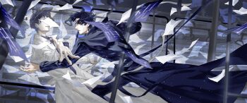 2boys absurdres black_coat black_eyes black_hair black_shirt censored censored_identity chinese_text coat falling falling_paper feet_out_of_frame grin hashtag-only_commentary highres kim_dokja light_particles male_focus motion_blur multiple_boys omniscient_reader&#039;s_viewpoint open_clothes open_coat outstretched_arms reaching reaching_towards_another running shirt short_hair sky smile space star_(sky) starry_sky train_interior translation_request vivi102828 white_coat worried yoo_joonghyuk