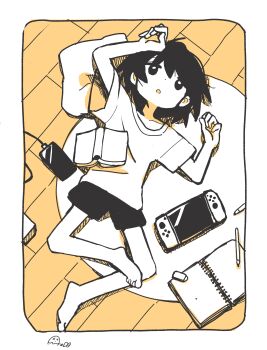 1girl :o absurdres aida_(aidia) arm_up barefoot black_hair black_shorts cellphone charging_device closed_mouth collarbone commentary_request dot_nose eraser full_body highres lying nintendo_switch notebook on_back on_floor original pencil phone shirt short_sleeves shorts smartphone solo t-shirt white_shirt