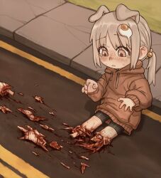 Rule 34 | 1girl, absurdres, accident, animal ears, bike shorts, blood, dog ears, dog girl, egg hair ornament, exposed bone, exposed muscle, food-themed hair ornament, funny (syrupmelty), grey eyes, grey hair, guro, hair ornament, highres, hood, hoodie, looking down, original, parted lips, road, self-harm scar, severed leg, severed limb, sitting, solo, sweat, syrupmelty, tearing up