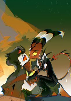 2boys absurdres black_feathers blitzo_(helluva_boss) demon_boy demon_horns demon_tail extra_eyes feathers hellaverse helluva_boss highres horns multiple_boys red_eyes stolas_(helluva_boss) tail zhu_xing_pupupu