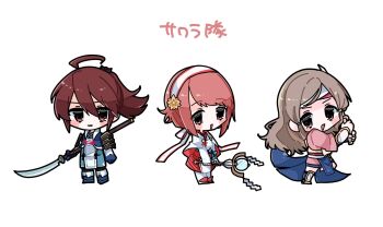 1boy 2girls ahoge armor blue_footwear blush_stickers brown_eyes brown_hair capelet chibi commentary_request fire_emblem fire_emblem_fates hair_ornament hairband hana_(fire_emblem) headband highres holding holding_polearm holding_staff holding_sword holding_weapon japanese_armor japanese_clothes katana long_hair medium_hair multiple_girls nintendo polearm ponytail red_eyes red_hair sakura_(fire_emblem) shoulder_armor simple_background smile sode staff subaki_(fire_emblem) sword translation_request weapon white_background white_capelet white_hairband y_unisef