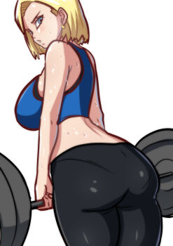 1girl absurdres android_18 armpits ass blonde_hair blue_eyes blush bob_cut breasts dragon_ball dragonball_z earrings etzelin exercising female_focus from_behind highres holding hoop_earrings jewelry large_breasts legs light_blush looking_back medium_hair midriff pantylines parted_lips simple_background sleeveless solo standing sweat thighs weightlifting weights white_background