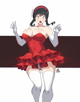 1girl :o artist_logo bare_shoulders black_hair breasts cleavage collarbone commentary cosplay covered_navel dress elbow_gloves english_commentary gloves hair_between_eyes hairband hands_up jk_arts kirigoe_mima kirigoe_mima_(cosplay) large_breasts logo long_hair looking_at_viewer open_mouth panties perfect_blue red_dress red_eyes red_hairband sidelocks solo spy_x_family strapless strapless_dress thighhighs thighs twitter_username underwear white_gloves white_panties white_thighhighs yor_briar