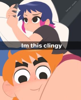 1boy 1girl :t between_thighs black_eyes black_shirt blue_hair blush cellphone commentary dzdello english_commentary english_text head_between_thighs head_on_pillow highres holding holding_phone huge_eyebrows i'm_this_clingy_(meme) looking_at_phone looking_at_viewer lying meme multicolored_hair on_bed on_side orange_hair panties patreon_username phone pillow pink_hair ramona_flowers red_panties scissorhold scott_pilgrim scott_pilgrim_(series) scott_pilgrim_takes_off shirt smartphone smile snapchat thigh_focus thighs two-tone_hair underwear