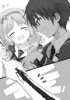 Rule 34 | 029, 1boy, 1girl, :d, ^ ^, andou jurai, blush stickers, bodypaint, braid, breasts, closed eyes, collared shirt, glowing, greyscale, hair ornament, hair over shoulder, hairband, highres, holding, holding pen, inou-battle wa nichijou-kei no naka de, kushikawa hatoko, large breasts, long hair, long sleeves, monochrome, necktie, non-web source, official art, open mouth, pen, school uniform, shirt, short hair, smile, twin braids, v-shaped eyebrows