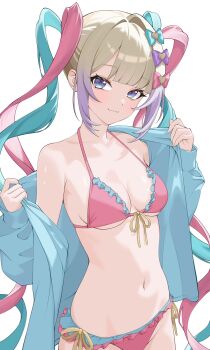 Rule 34 | 1girl, :3, blue eyes, bow, bra, breasts, chouzetsusaikawa tenshi-chan, commentary request, frilled bra, frilled panties, frills, hair ornament, highres, inami (x spidekawaii x), jacket, looking at viewer, medium breasts, multicolored bow, multicolored hair, navel, needy girl overdose, panties, simple background, solo, swimsuit, triangle bikini top, twintails, underboob, underwear, undressing, white background