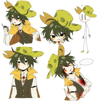 ... 1boy :d :| androgynous animification arm_across_waist arm_cutout arms_at_sides bad_id bad_twitter_id blood blood_from_forehead blood_from_mouth blood_on_clothes blood_on_face blood_on_neck blood_on_stomach blush brooch brown_vest buttons cape clenched_teeth closed_mouth clothing_cutout collared_cape collared_shirt commentary_request cowlick cropped_torso double-parted_bangs eyes_visible_through_hair food-themed_hat fredrick_muenster from_above full_body gem green_hair grin hair_between_eyes half-closed_eyes hand_on_own_opposite_hip hand_up hat henry_stickmin_(series) highres holding holding_walkie-talkie humanization humanoid_and_humanization inactive_account jewelry korean_commentary leaning_forward long_sleeves looking_at_viewer male_focus mer_(mer_246800) middle_finger multiple_views nail_polish open_mouth parted_lips puffy_long_sleeves puffy_sleeves raised_eyebrows red_gem shirt shoes short_hair sidelocks simple_background smile spiked_hair spoken_ellipsis standing stick_figure teeth top_hat upper_body v vest walkie-talkie white_background white_shirt yellow_cape yellow_hat yellow_nails yellow_shoes |_|