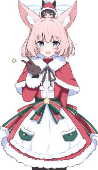 2girls :< :d animal_ear_fluff animal_ears black_gloves black_pantyhose blue_archive blue_eyes blue_halo blush bow brown_hair brown_ribbon capelet christmas closed_mouth commentary cowboy_shot dress fox_ears fox_girl fur-trimmed_capelet fur-trimmed_dress fur_trim gloves green_bow halo hand_up highres medium_hair mini_person minigirl multiple_girls neck_ribbon niko_(blue_archive) on_head open_mouth pantyhose pink_hair red_bow red_capelet red_dress red_eyes ribbon santa_costume santa_dress sateto_(user_knrf2332) simple_background smile star_(symbol) striped_bow v v-shaped_eyebrows white_background yukino_(blue_archive)