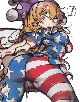 ! 1girl absurdres american_flag_dress american_flag_legwear ass blonde_hair blush breasts cameltoe clownpiece fairy fairy_wings from_behind hat highres jester_cap large_breasts long_hair looking_back piaki red_eyes spoken_exclamation_mark touhou wings