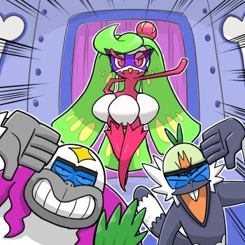 1girl 2boys boyakki boyakki_(cosplay) buck_teeth commentary_request cosplay doronjo doronjo_(cosplay) gen_7_pokemon glasses green_hair grin hand_on_own_hip helmet highres mask monkey multiple_boys name_connection nintendo no_humans open_mouth oranguru parody passimian pink_eyes pokemon pokemon_(creature) pokemon_sm salute sazzae smile tail teeth time_bokan_(series) tonzura tonzura_(cosplay) tsareena visor yatterman