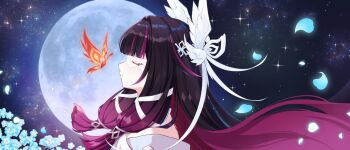 1girl aisu_(i_ce_pinon_pino) black_hair blue_flower closed_eyes closed_mouth columbina_(genshin_impact) commentary_request crystalfly_(genshin_impact) flower from_side full_moon genshin_impact hair_ornament highres long_hair long_sidelocks moon multicolored_hair night purple_hair sidelocks sky solo star_(sky) starry_sky upper_body very_long_hair wing_hair_ornament