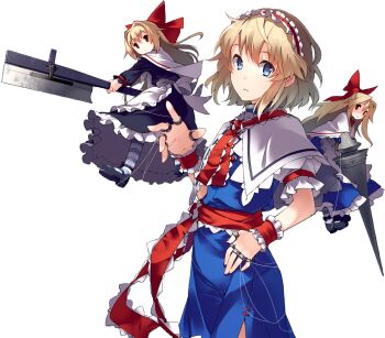 1girl alice_margatroid artist_request blonde_hair blue_dress blue_eyes bow capelet closed_mouth doll dress frilled_hairband frilled_sash frills game_cg hair_bow hairband holding holding_polearm holding_weapon jewelry labyrinth_of_touhou_(series) labyrinth_of_touhou_2 lance lolita_hairband long_hair looking_at_viewer medium_hair official_art polearm puppet_rings puppet_strings red_bow red_hairband red_sash ring sash shanghai_doll solo third-party_source touhou transparent_background weapon white_capelet wrist_cuffs