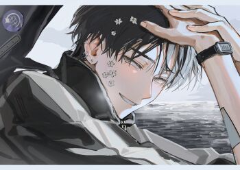 1boy bandaid bandaid_on_arm black_hair black_jacket brown_eyes daenarys ear_piercing earrings eyelashes flower grin hair_flower hair_ornament hand_on_own_head hand_up high_collar instrument_case jacket jewelry long_sleeves looking_at_viewer male_focus ocean original outdoors parted_lips piercing short_hair smile solo sticker sticker_on_face upper_body watch water white_flower wristwatch zipper