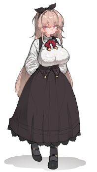 1girl absurdres arms_behind_back black_pantyhose black_shoes blush bow breasts brown_hair brown_skirt dress full_body grey_pantyhose hairband high-waist_skirt highres kim_aendeo large_breasts long_dress long_hair looking_at_viewer messy_hair original pantyhose pink_eyes red_bow see-through_clothes shirt shoes skirt slit_pupils smile solo standing standing_on_one_leg suspenders very_long_hair walking white_shirt wide_sleeves