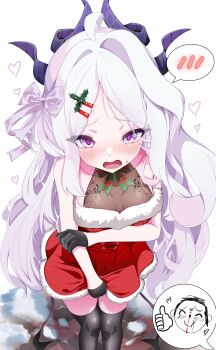 1boy 1girl absurdres ahoge black_gloves black_thighhighs blood blue_archive breasts commentary_request demon_girl demon_horns demon_wings doodle_sensei_(blue_archive) gehenna_academy_logo gloves highres hina_(blue_archive) horns long_hair looking_at_viewer low_wings nosebleed open_mouth purple_eyes rei_hinasuki santa_costume sensei_(blue_archive) small_breasts sweat thighhighs very_long_hair white_hair wings