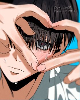 Rule 34 | 1boy, black hair, blue background, blush, closed mouth, collared shirt, commentary, fingernails, four-finger heart hands, grey eyes, heart, heart-shaped pupils, heart hands, highres, hikaru ga shinda natsu, looking at viewer, male focus, mole, mole on cheek, mole under mouth, multiple moles, shirt, simple background, solo, symbol-only commentary, symbol-shaped pupils, tsujinaka yoshiki, twitter username, white shirt, yorozuya37
