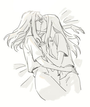 2girls closed_eyes commentary cuddling fujino_shizuru greyscale guri_gom hand_on_another&#039;s_waist hashtag-only_commentary kiss kuga_natsuki long_hair lying monochrome multiple_girls my-hime on_side shirt skirt yuri