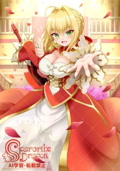 1girl ahoge blonde_hair braid braided_bun breasts cleavage commentary_request dress falling_petals fate/extra fate/grand_order fate_(series) gu-rahamu_omega_x hair_bun hair_intakes highres holding holding_sword holding_weapon large_breasts nero_claudius_(fate) petals reaching reaching_towards_viewer red_dress red_petals short_hair smile solo sword weapon