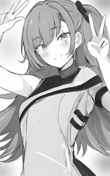 1girl blush bow commentary_request double_v elmo_dormitory_outfit girls'_frontline girls'_frontline_2:_exilium greyscale hair_between_eyes hair_bow hands_up leva_(girls'_frontline_2) long_hair looking_at_viewer monochrome one_side_up raifu_(rf) scar scar_across_eye scar_on_face sidelocks smile solo ump45_(girls'_frontline) upper_body v